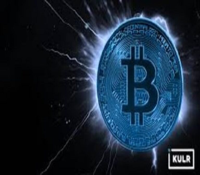 A glowing blue Bitcoin symbol surrounded by electric sparks on a dark background, with the text "KULR" visible in the bottom-right corner.