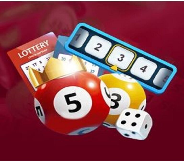 Illustration featuring lottery tickets, numbered balls, a dice, and a number slider against a red background.