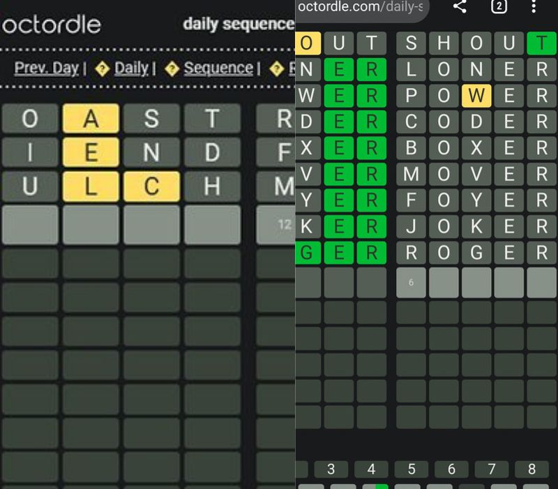 Side-by-side comparison of Octordle daily sequence gameplay grids, showing different stages of solving word puzzles with green, yellow, and gray tiles indicating feedback.