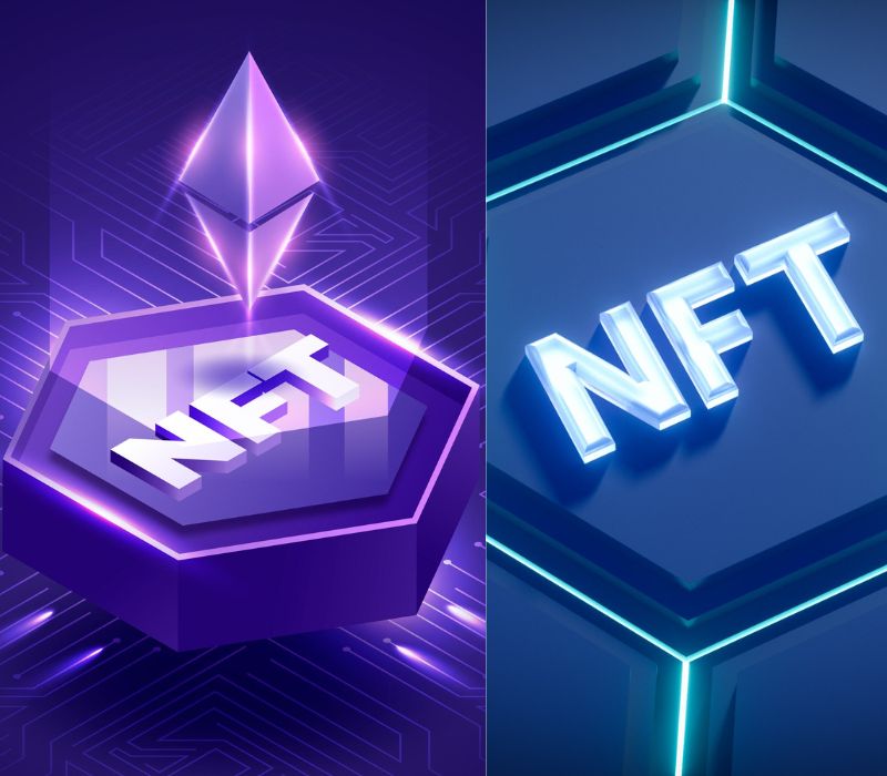 Digital representation of NFT symbols in a futuristic design with glowing purple and blue hexagonal shapes and Ethereum logo.