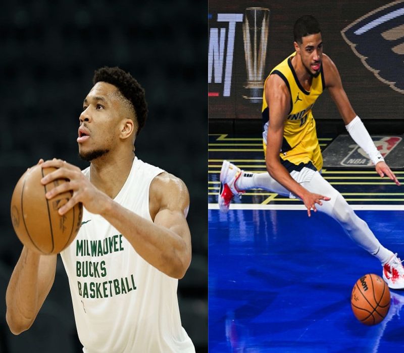 Giannis Antetokounmpo preparing for a shot (left) and Tyrese Haliburton executing a move on the court (right)."