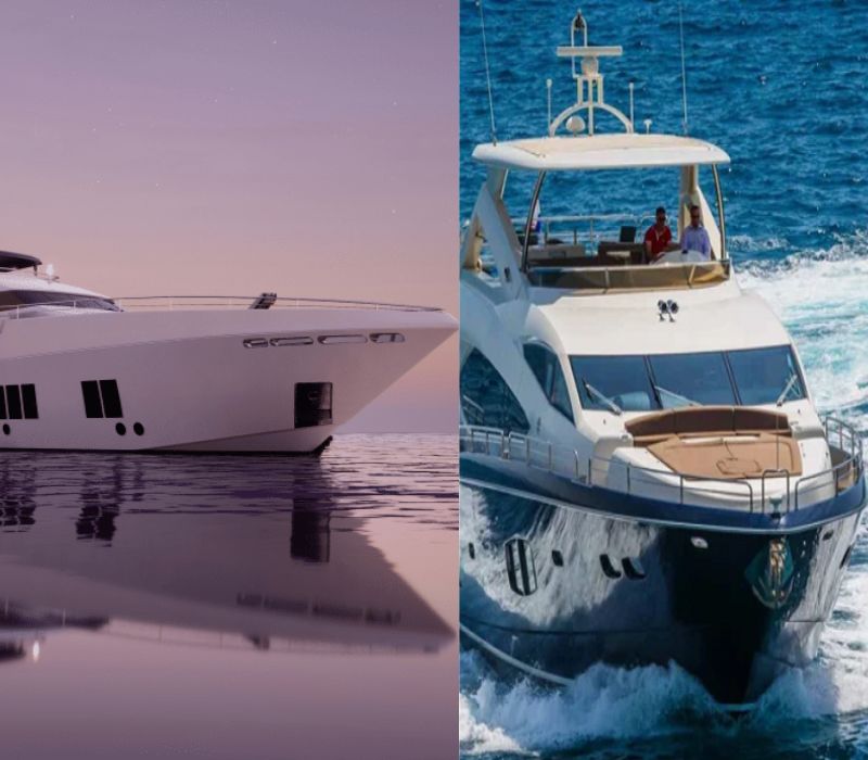 Two luxury yachts: one cruising on serene waters at sunset, and the other speeding through the ocean with passengers on board.