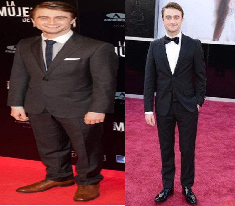 Daniel Radcliffe in two different formal outfits, one featuring a gray suit with brown shoes and a tie, and the other a classic black tuxedo with a bow tie, showcasing his elegant red carpet style.